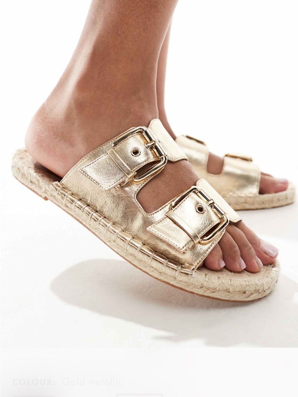 NEVER WORN! Gold Metallic Double-Buckle Espadrille Slide Sandals - Women